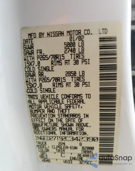 2002 Nissan Frontier Crew Cab Xe z USA, uszkodzony, nr VIN 1N6ED27T92C342390